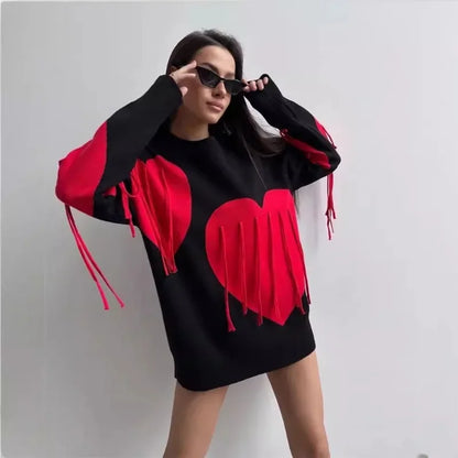 Saviig Heart Print O-Neck Sweater: Women's Casual Knit Pullover with Tassels