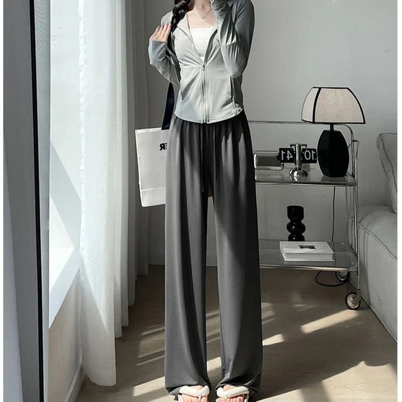 Saviig 2025 Women's Ice Silk Wide Leg Pants - High Waist Casual Sporty Summer Trousers