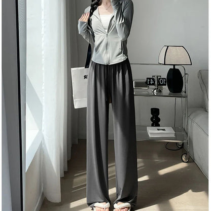 Saviig 2025 Women's Ice Silk Wide Leg Pants - High Waist Casual Sporty Summer Trousers