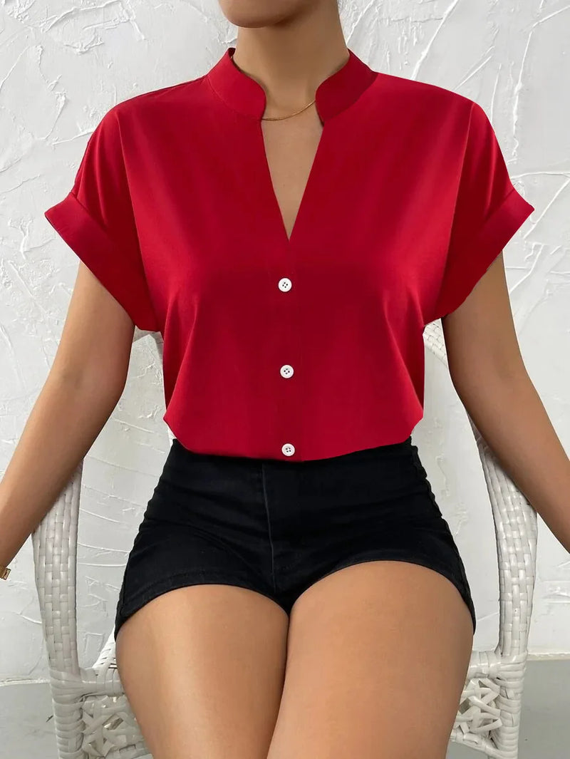 Saviig Satin Red V-Neck Office Shirt - Elegant Minimalist Design