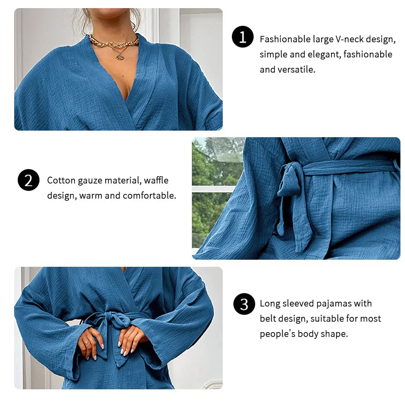 Saviig Women's Cotton Pajama Set with Robe and Kimono Pants