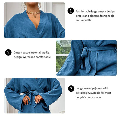 Saviig Women's Cotton Pajama Set with Robe and Kimono Pants