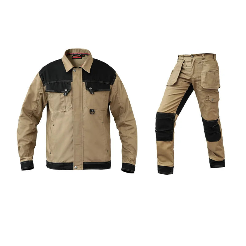 Saviig Cotton Khaki Work Jacket & Trousers: Multi-pocket, Wear-Resistant, Men's Workwear