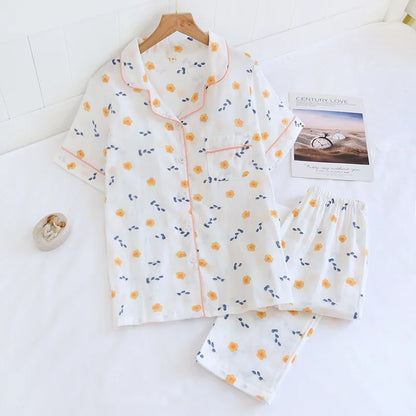 Saviig Cotton Gauze Women's Pajama Set: Short-Sleeve Top & Pants, Cute & Lightweight