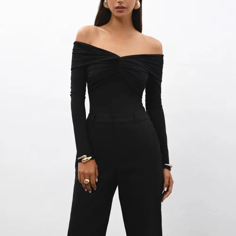 Saviig High Waist Off Shoulder Twist Top Slim Long Sleeve T-Shirt