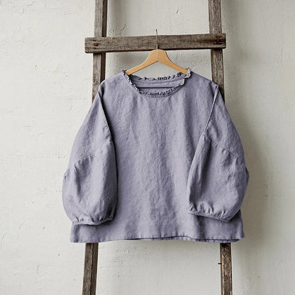 Saviig Ruffled Linen Women's T-Shirt: Casual Loose Fit, O-Neck, Long Sleeve Top