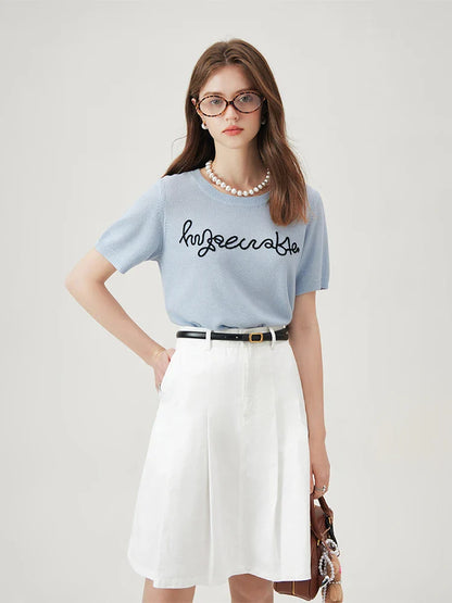 Saviig Blue Knit Tee with Embroidered Letters, Summer Short Sleeve Round Neck Top