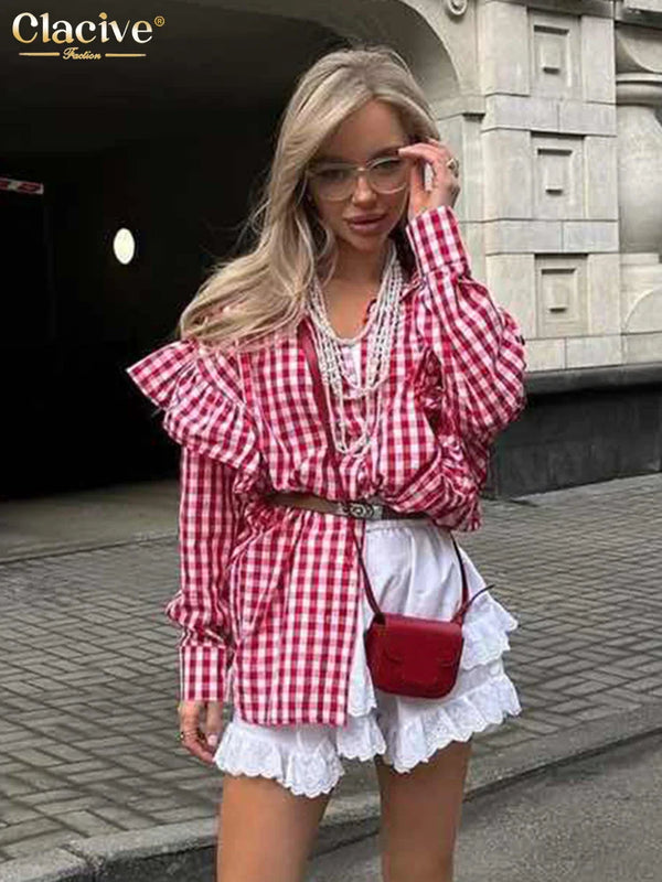 Saviig Plaid Cotton Women Blouse Casual Long Sleeve Ruffle Top