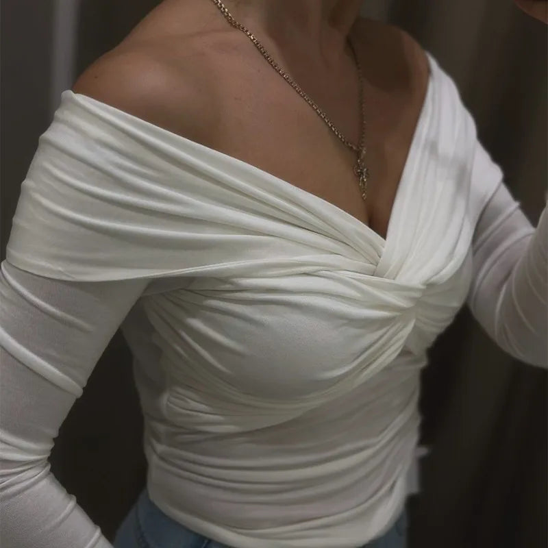 Saviig High Waist Off Shoulder Twist Top Slim Long Sleeve T-Shirt