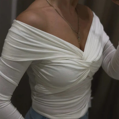 Saviig High Waist Off Shoulder Twist Top Slim Long Sleeve T-Shirt