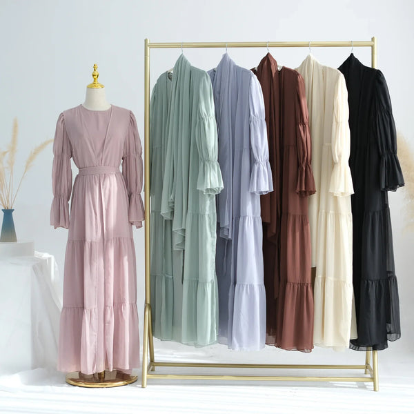Saviig 2 Piece Chiffon Abaya Set with Sheer Open Abaya and Lined Inner Dress