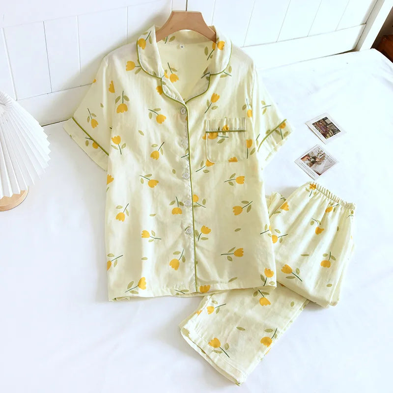 Saviig Cotton Gauze Women's Pajama Set: Short-Sleeve Top & Pants, Cute & Lightweight