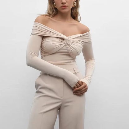 Saviig High Waist Off Shoulder Twist Top Slim Long Sleeve T-Shirt