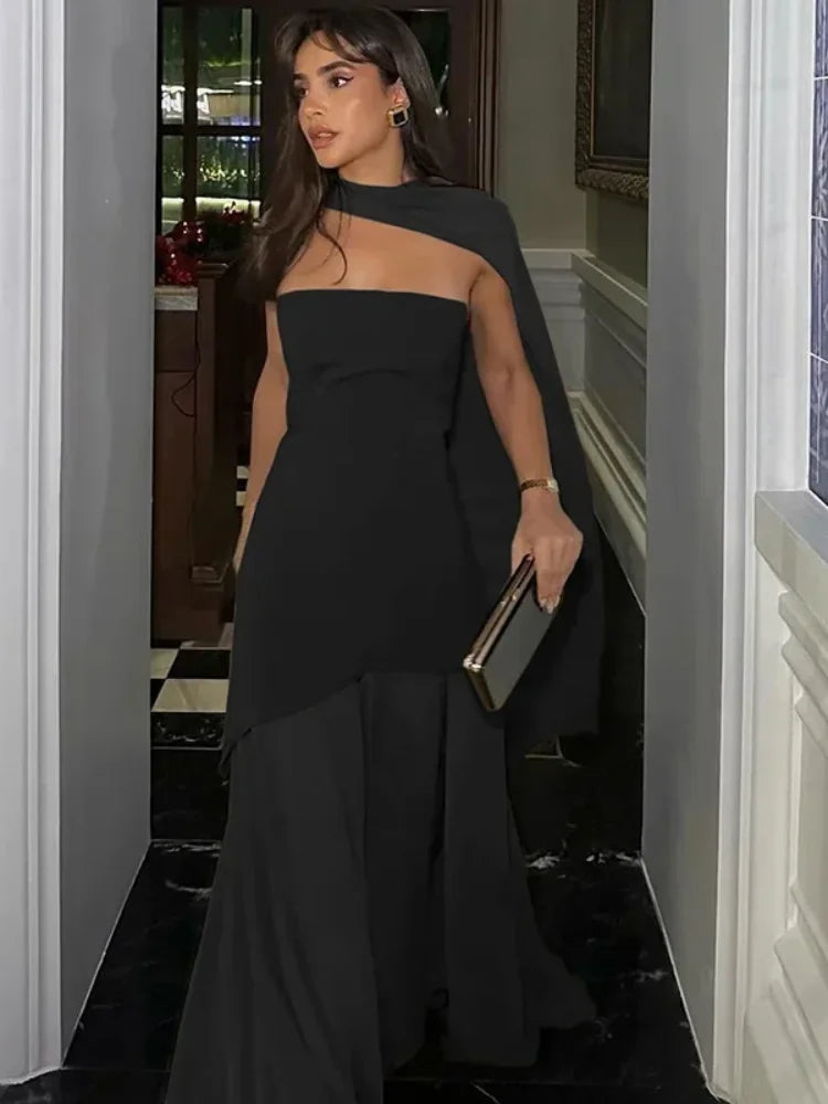 Saviig Mesh Maxi Dress 2025 Elegant Slim Fit High Waist Split Solid Robes