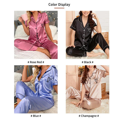 Saviig Heart Embroidered Pajama Set: Satin Button-Down Top & Shorts for Women