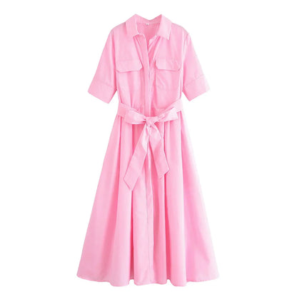 Saviig Retro Double Pocket A-line Dress, Half Sleeve, Lapel, Pleated, Daily Street Style
