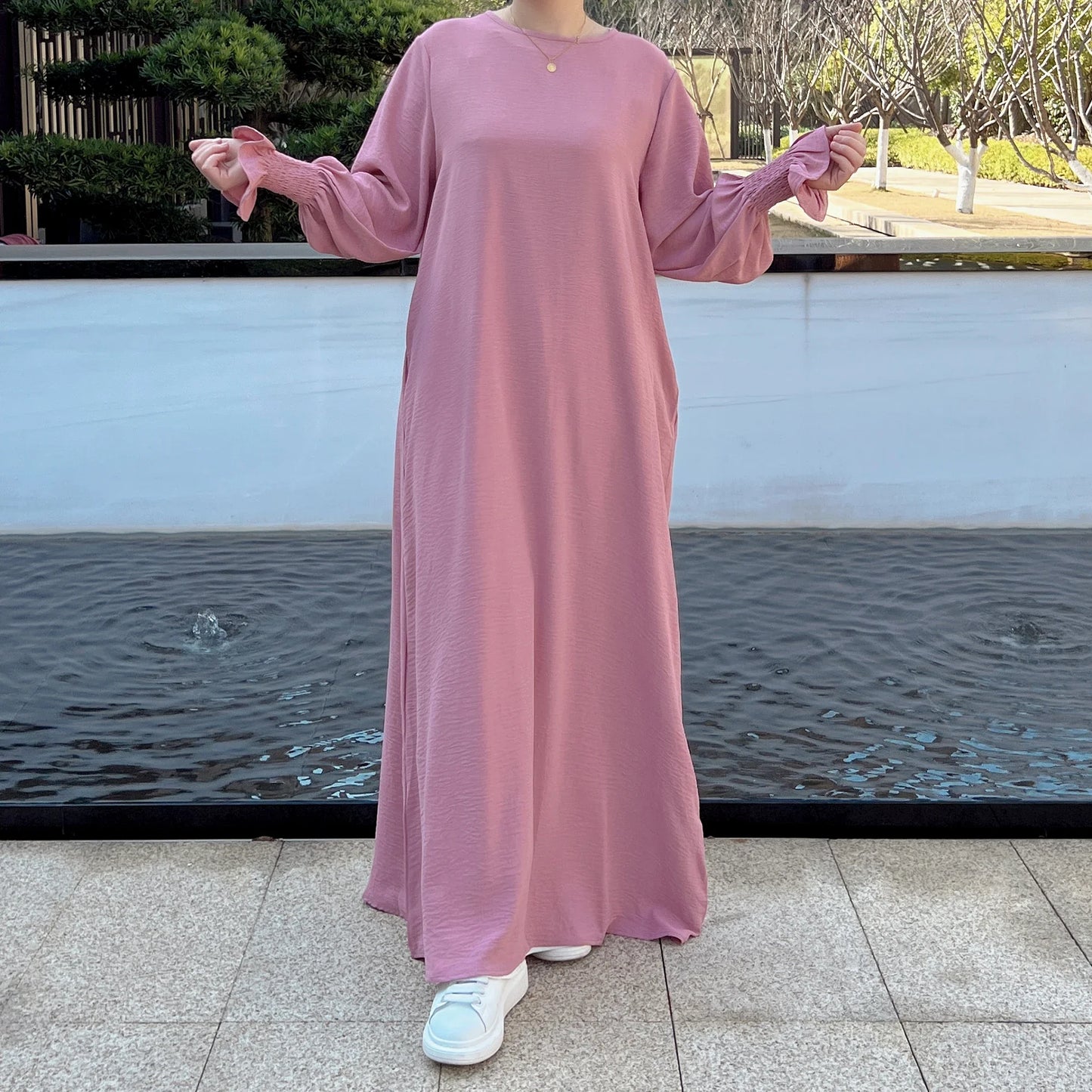Saviig Abaya Inner Long Dress with Smocked Cuffs - Modest Muslim Woman Casual Robe