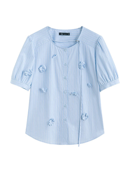 Saviig Women's Blue Striped Beaded Short Sleeve Summer Shirt
