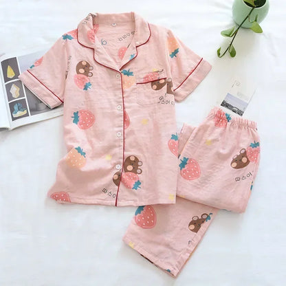 Saviig Cotton Gauze Women's Pajama Set: Short-Sleeve Top & Pants, Cute & Lightweight