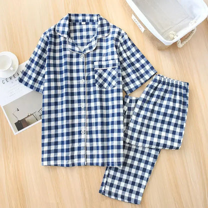 Saviig Cotton Gauze Women's Pajama Set: Short-Sleeve Top & Pants, Cute & Lightweight