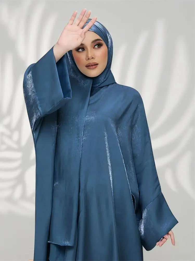 Saviig Ramadan Eid Satin Abaya Dubai Kimar Muslim Kaftan Dress