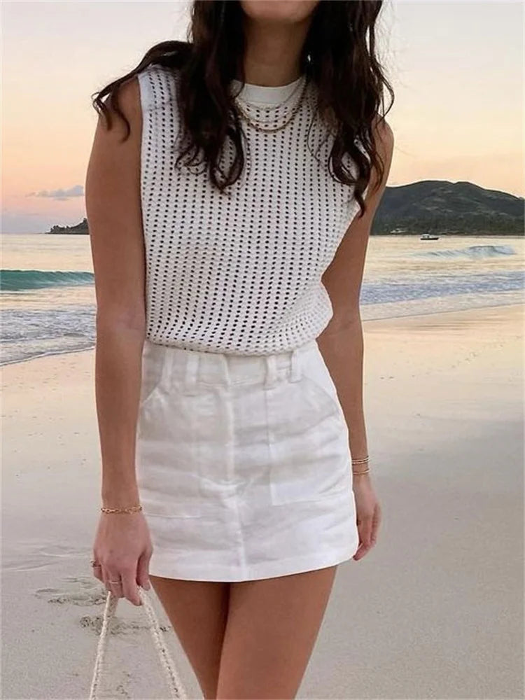 Saviig Knit Hollow Out Tank Top: Sexy Sleeveless High Street Fashion Vest