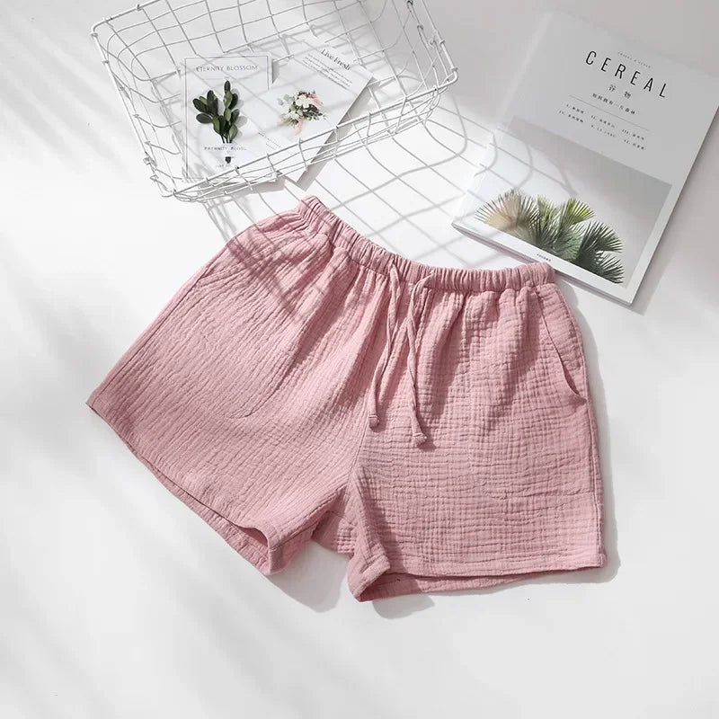 Saviig Cotton Crepe Sleep Shorts for Couples, Elastic Waist Nightwear Pajama Bottoms