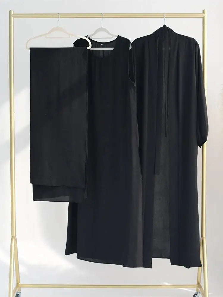 Saviig Ramadan Eid Abaya Kaftan Set with Hijab Dress & Kimono - Women's Muslim Ensemble