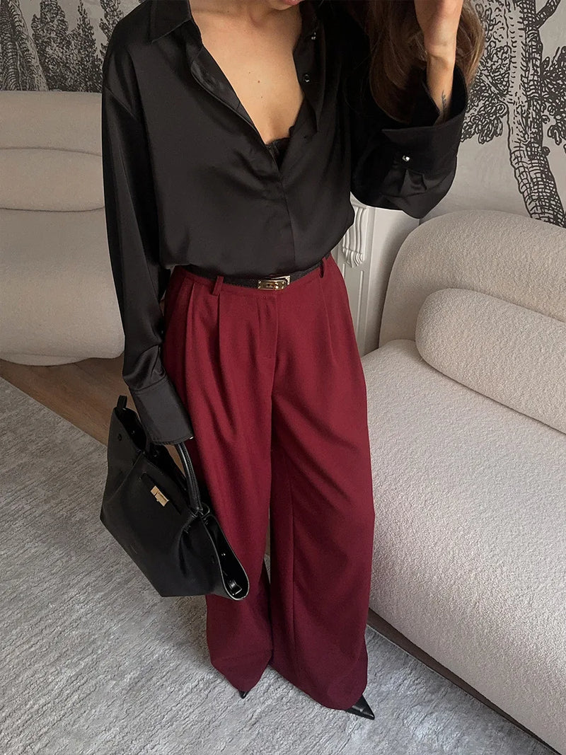 Saviig Burgundy Wide Leg Pants High Waisted Pleated Trousers