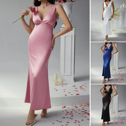Saviig Deep V-Back Sleeveless Elegant Evening Dress in Solid Color Slim Fit