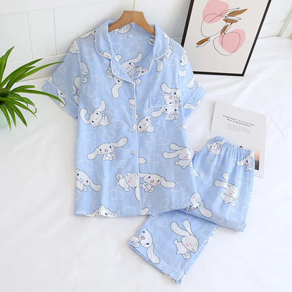 Saviig Cotton Gauze Women's Pajama Set: Short-Sleeve Top & Pants, Cute & Lightweight