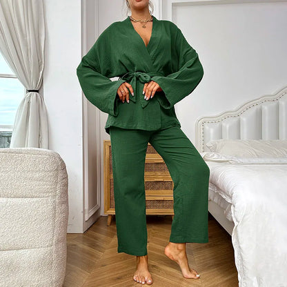 Saviig Women's Cotton Pajama Set with Robe and Kimono Pants