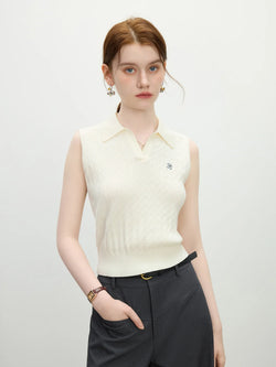 Saviig Cable Knit Sleeveless Vest with Polo Collar Embroidery