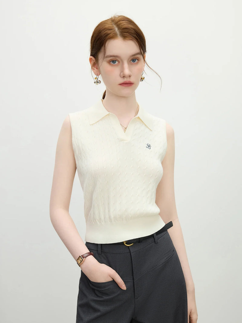 Saviig Cable Knit Sleeveless Vest with Polo Collar Embroidery