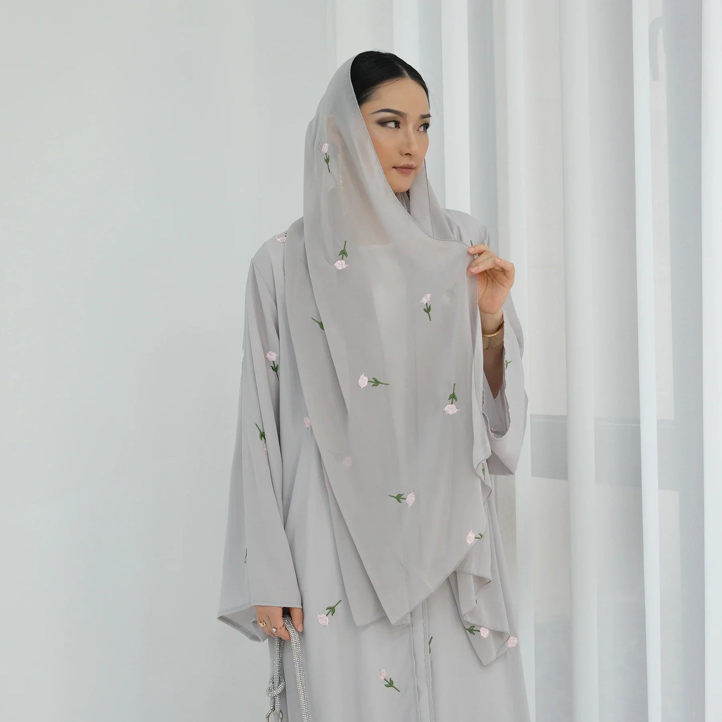 Saviig Rose Embroidered Chiffon Hijab Shawl for Muslim Women