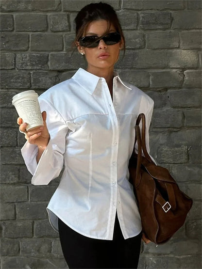 Saviig White Casual Lapel Shirt with Long Sleeve for Women in 2025