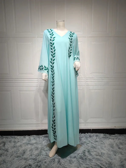Saviig Embroidered V-Neck Ankle-Length Floral Kaftan for Elegant Muslim Women