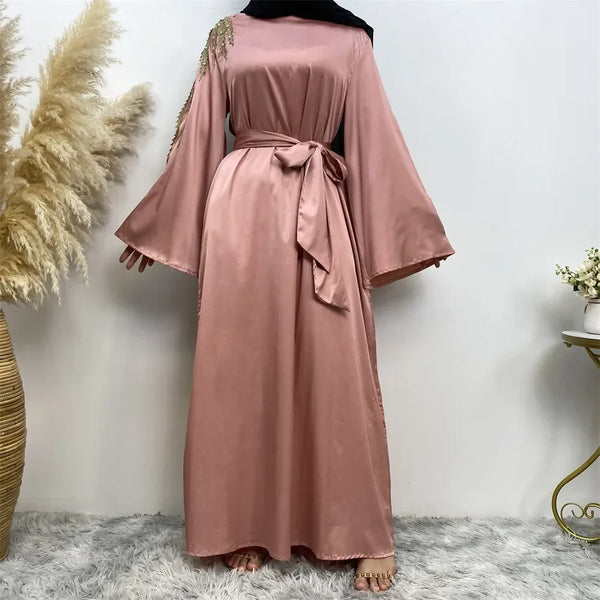 Saviig Eid Mubarek Satin Kaftan Abaya Party Gown for Women Muslim Dress Hijab