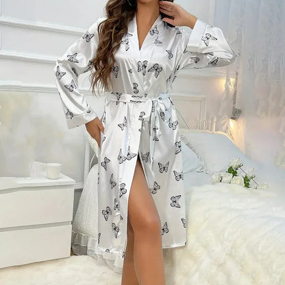 Saviig Satin Kimono Nightgown Sleepwear Nightie for Women Ÿ?? V Neck Long Sleeve Pyjama