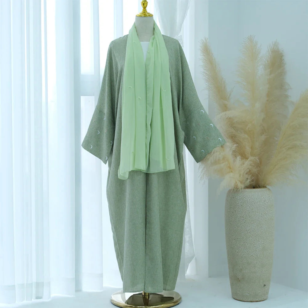 Saviig Moon Embroidery Open Abaya, Batwing Sleeves Kimono for Muslim Women