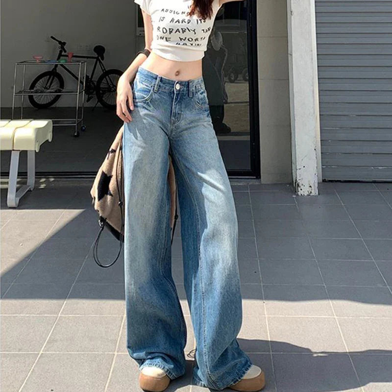 Saviig Vintage Blue Wide Leg High Waist Jeans - All-Match Baggy Denim Trousers
