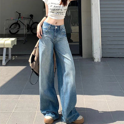 Saviig Vintage Blue Wide Leg High Waist Jeans - All-Match Baggy Denim Trousers