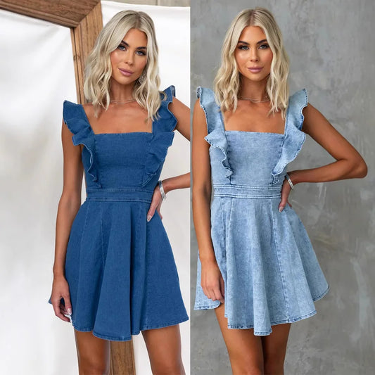 Saviig Square Neck Denim Dress with Flying Sleeve in Summer 2025