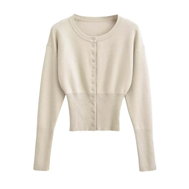 Saviig High Waist Round Neck Cardigan Short Sweater Top Slim Fit