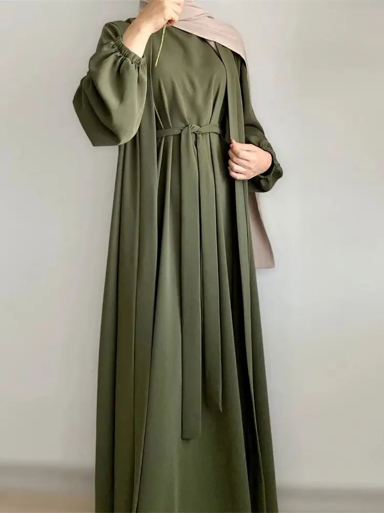 Saviig Ramadan Eid Abaya Kaftan Set with Hijab Dress & Kimono - Women's Muslim Ensemble