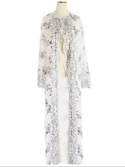 Saviig Sequined Lace Mesh Kimono Abaya for Women, Elegant Muslim Hijab Dress