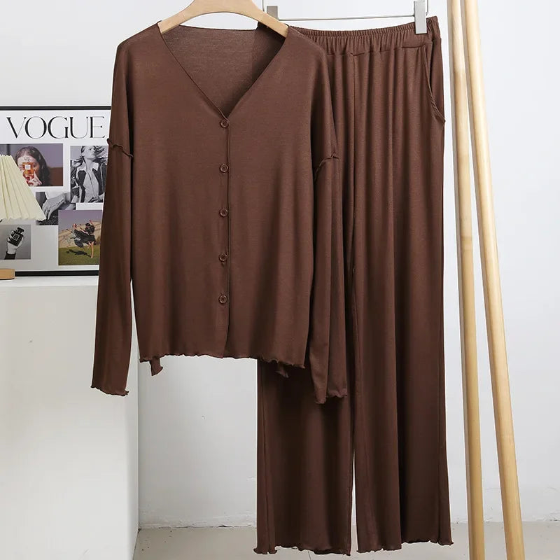 Saviig Cotton Pajama Set, Solid Color Cardigan & Long-Sleeve Pants for Women