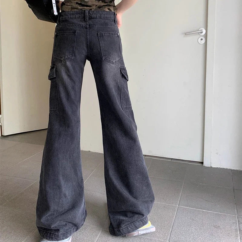 Saviig Flare Cargo Jeans Women High Street Denim Y2K Slimming Trousers