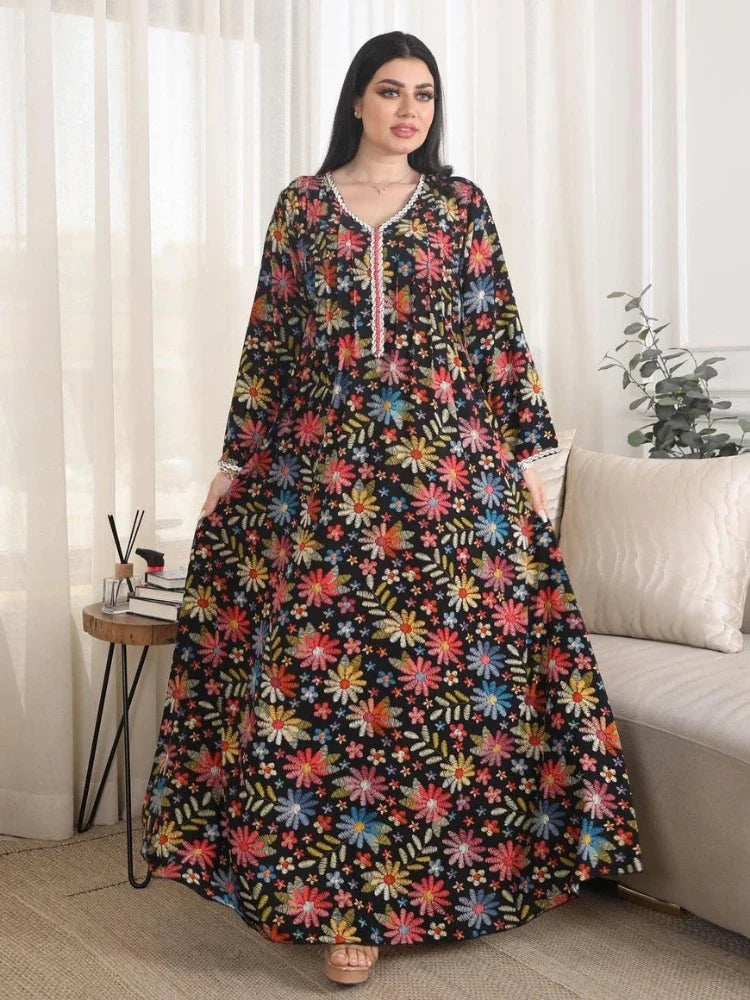 Saviig Floral Print Diamond Eid Abaya Dress for Women - Muslim Party Kaftan Dubai