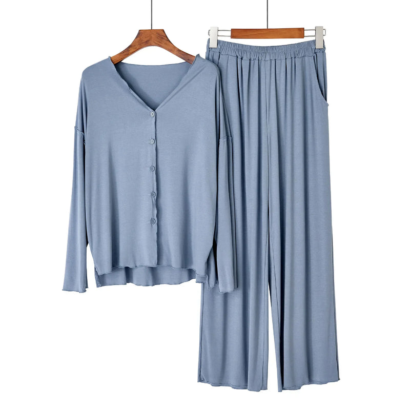 Saviig Cotton Pajama Set, Solid Color Cardigan & Long-Sleeve Pants for Women